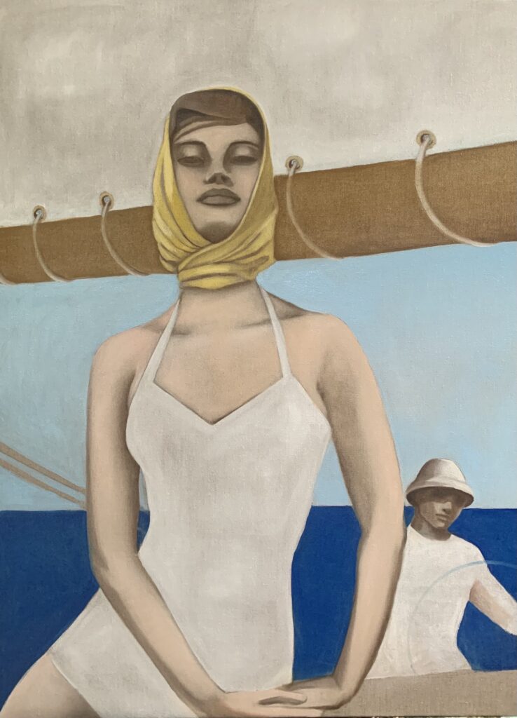 Edvarda A. Braanaas<br>WOMAN AT THE HELM<br>100 x 75 cm<br>olje på lerret